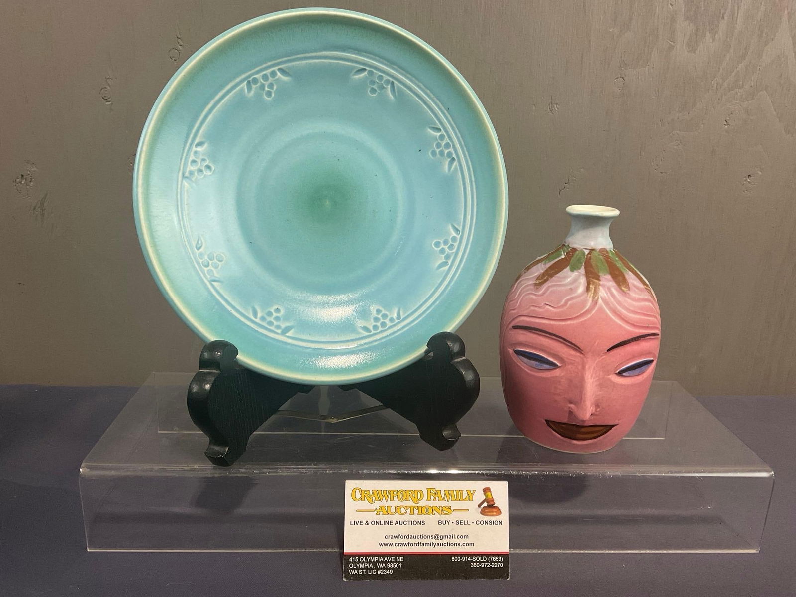 Pair of Dryden Signed Original Pottery pieces, Vase w/ Face & Bowl w/ blue finish (1 of 4)