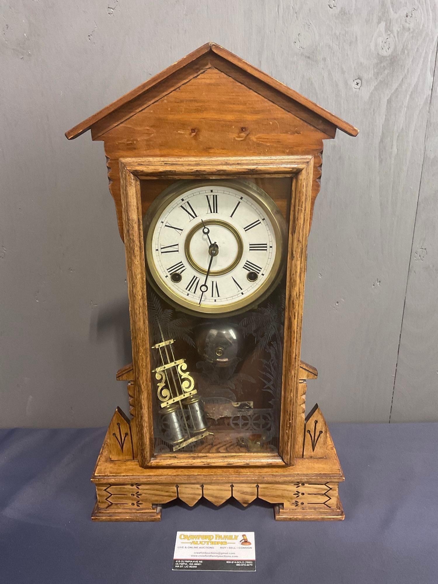 Antique Ansonia Dubuque Mantel Time Strike Clock, w/ sticker on back, 20 inches tall (1 of 9)