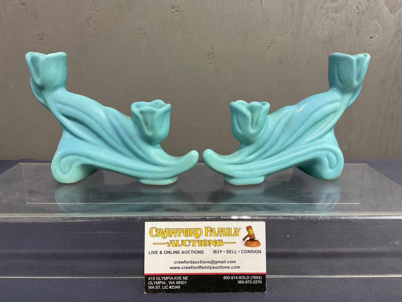 Pair of Van Briggle Colorado Springs, Blue Glazed Candleholders, 2 wells, 5h x 7w x 3d inches each: Appears to be in good shape. The pair measures 5h x 7w x 3d inches each. See pics. E-4090