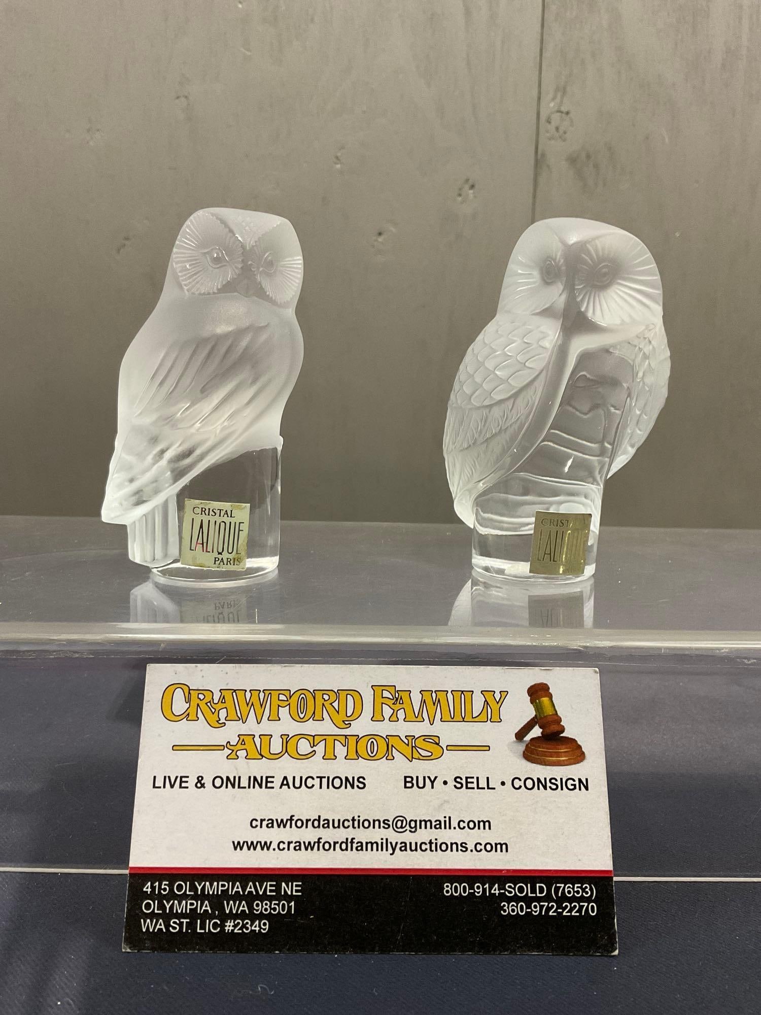 Pair of Lalique Crystal Chouette Frosted Glass Owls, Both marked Lalique France: Appears to be in good shape, one has a small bit of damage, about a millimeter across, which is pictured. The pair are both marked, one along the bottom portion, and the other on the bottom itself, th