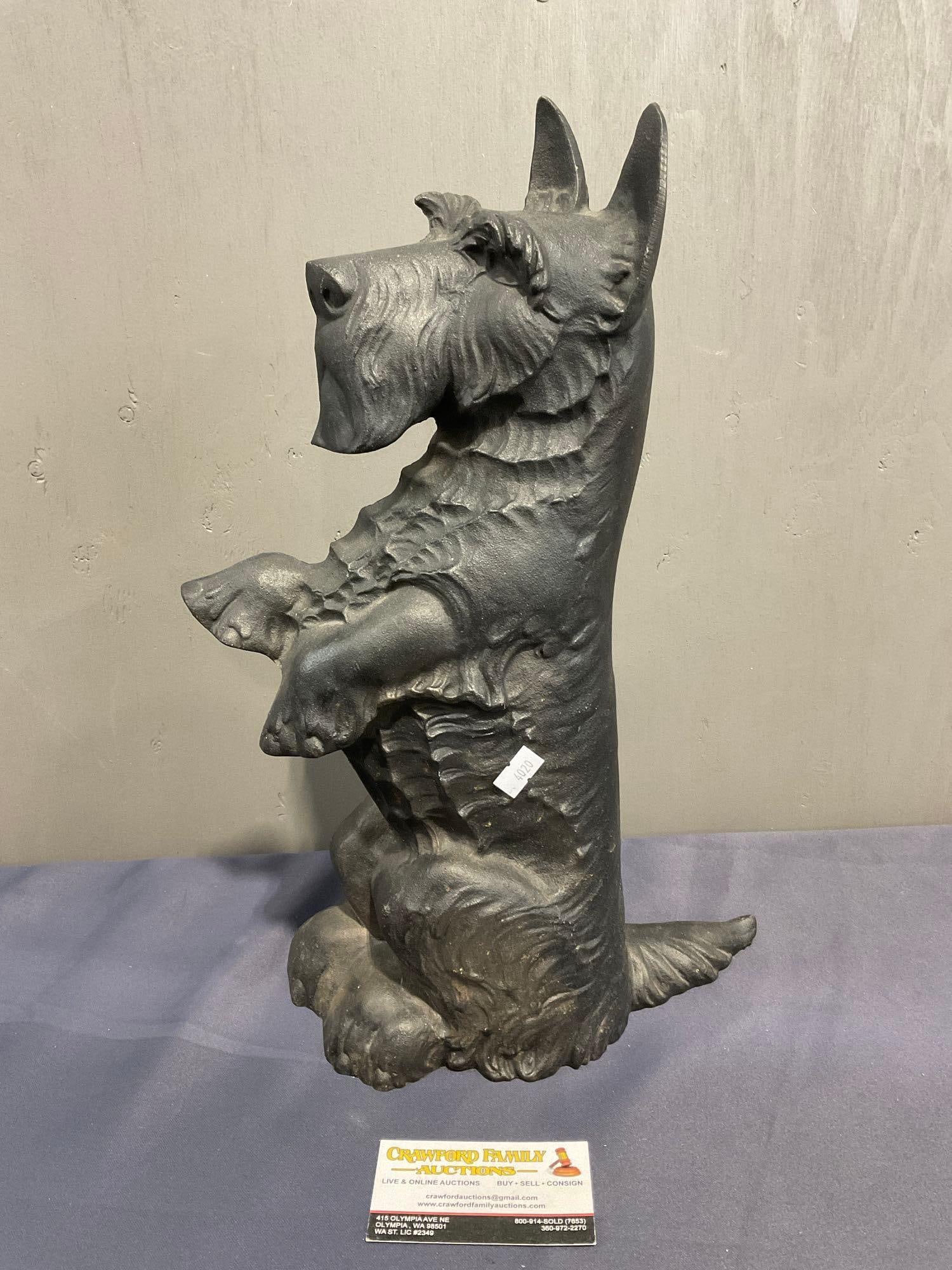 Cast Iron Schnauzer Dog Door Stop, approx 18h x 12w x 4.5d inches, good shape: Appears to be in good shape. The piece measures 18h x 12w x 4.5d inches. See pics. E-4020