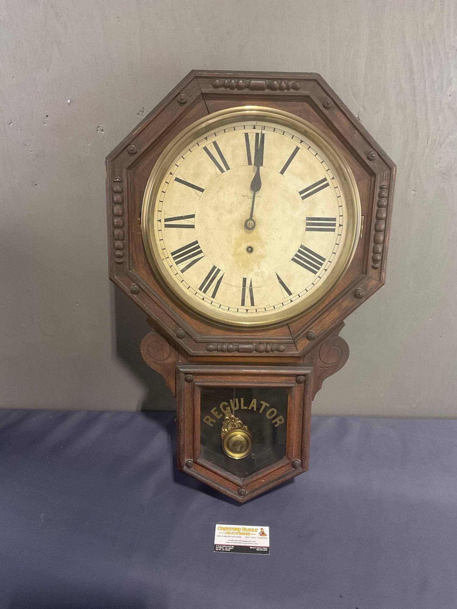 Antique New Haven 8-Day Regulator Time Clock, 27h x 17w x 5d inches (1 of 7)