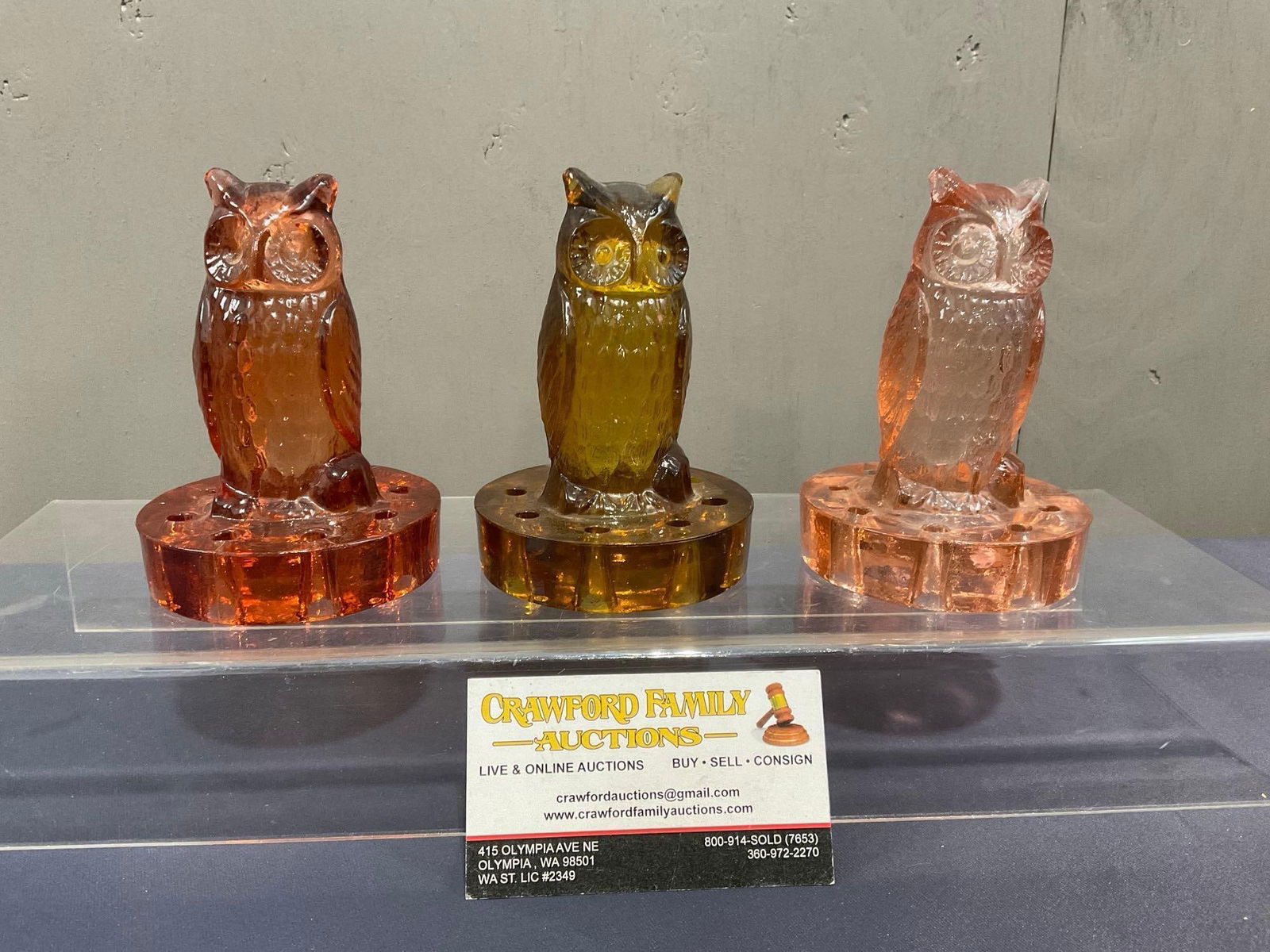 Set of 3 Pressed Glass Owls, Flower Float Amber, Pink & Cranberry in color, approx 4.5 inches tall (1 of 5)
