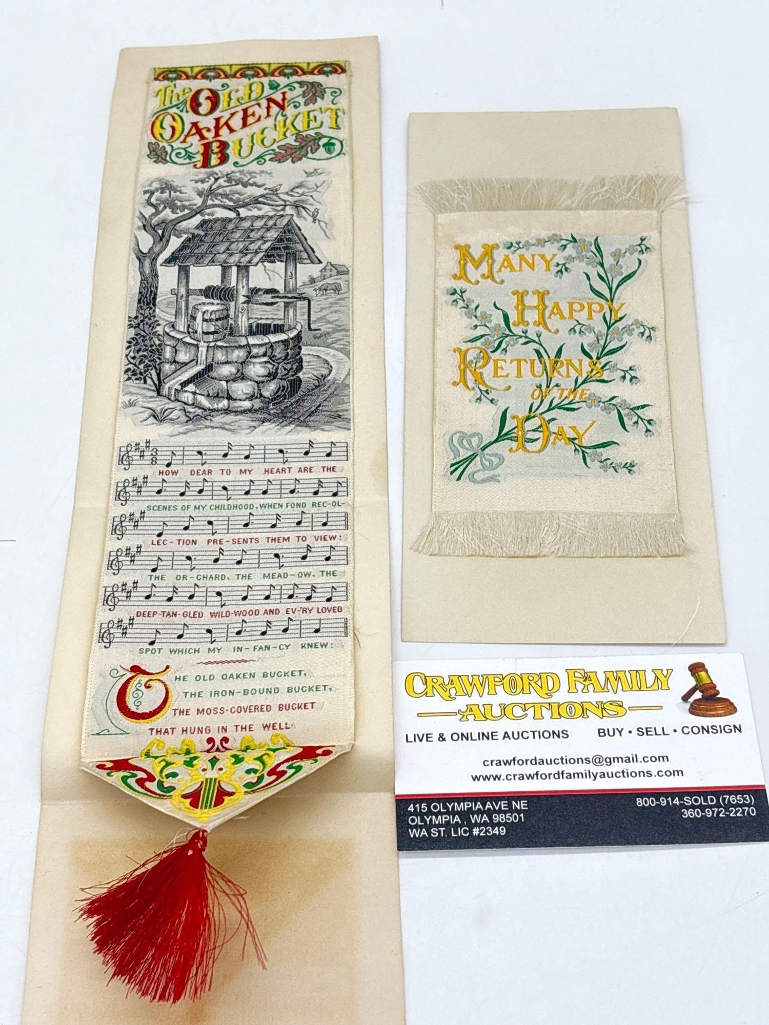 Antique Circa 1890"S "The Old Oaken Bucket" Silk Bookmark w/Tassel & Many Happy Returns Of The Day: C-414 Most Likely both are from the 1893 Worlds Expo Other than the fold in the Old Oaken Bucket these antique silk bookmarks are in excellent condition 13" x 2.5 w/ tassel and 5" x 2.5"