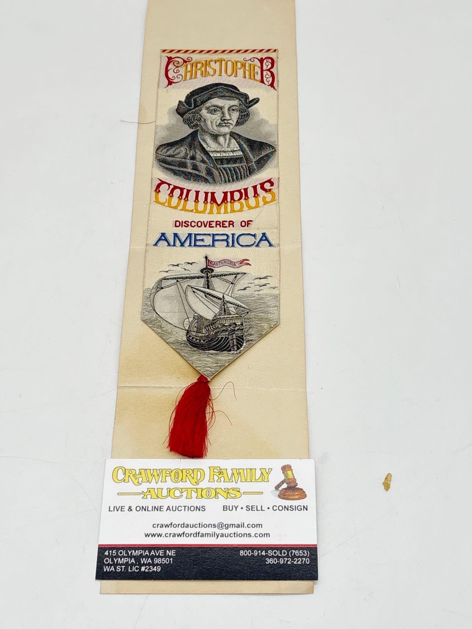 Antique 1893 Columbian Expo Silk Souvenir Ribbon/ Bookmark Christopher Columbus W/ The Santa Maria (1 of 2)