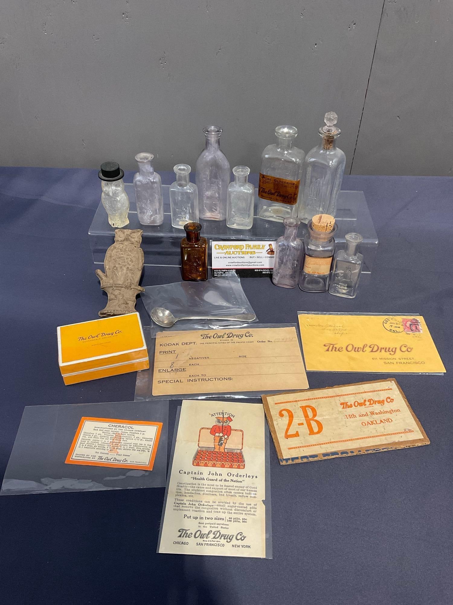 Vintage The Owl Drug Ephemera & Marked & Labeled Bottles, approx 17 pieces: Appears to be in fair to good shape, some of the labels show some age. The larger bottles measures 5h x 2w x 2d inches. See pics. E-4030