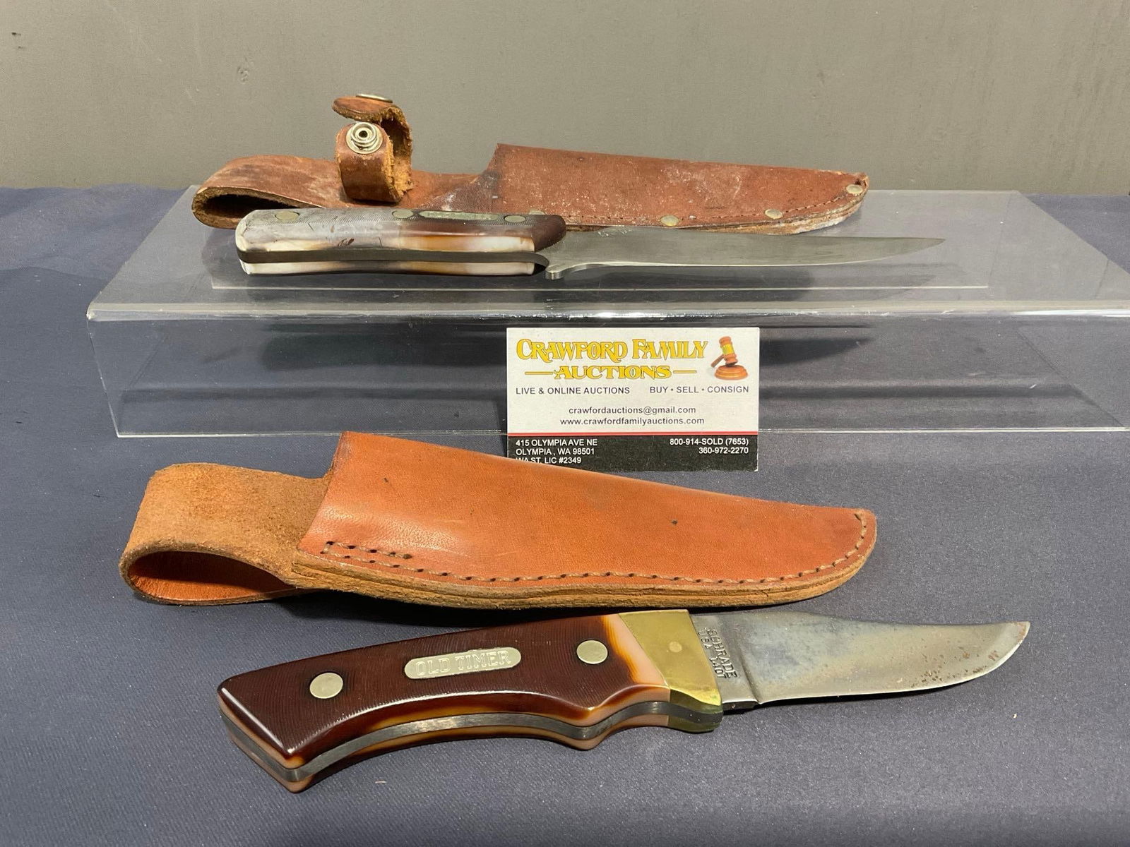 Pair of Old Timer Schrade Fixed Blade Knives, #14OT & 15OT w/ Leather Sheaths (1 of 3)