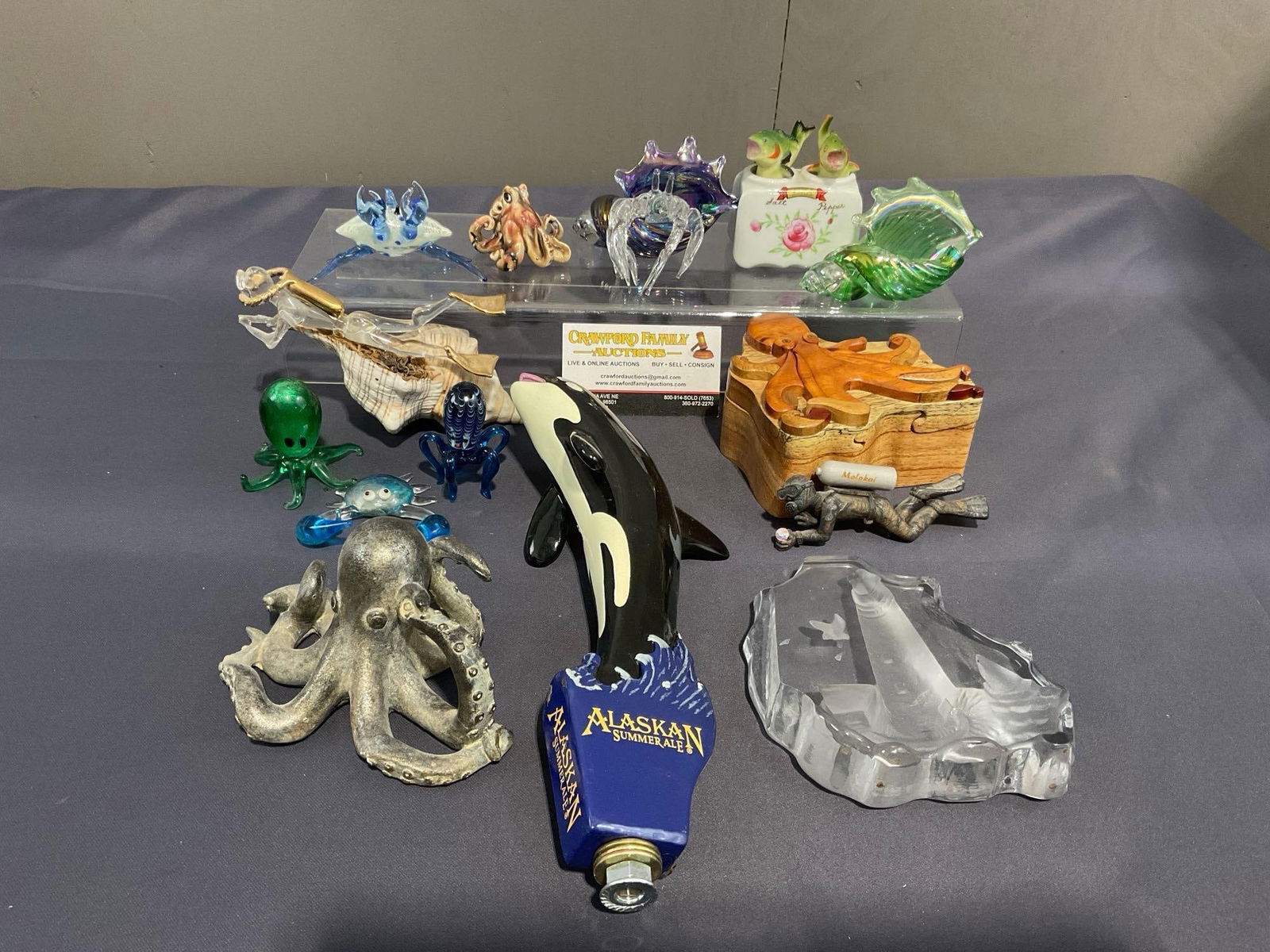 Assortment of Art Glass Sea Creatures, Puzzle Jewelry Box, Etched Glass, Ceramic & Porcelain, 13 ... (1 of 8)