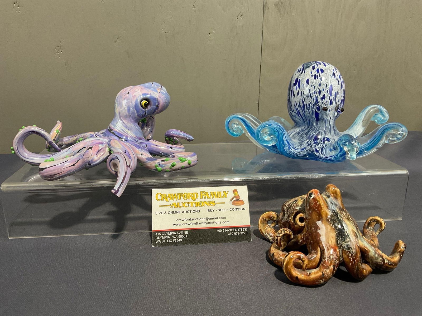 Three Art Glass & Porcelain Octopuses, Purple & Pink, Mixture of Blues & Orange/Brown (1 of 11)