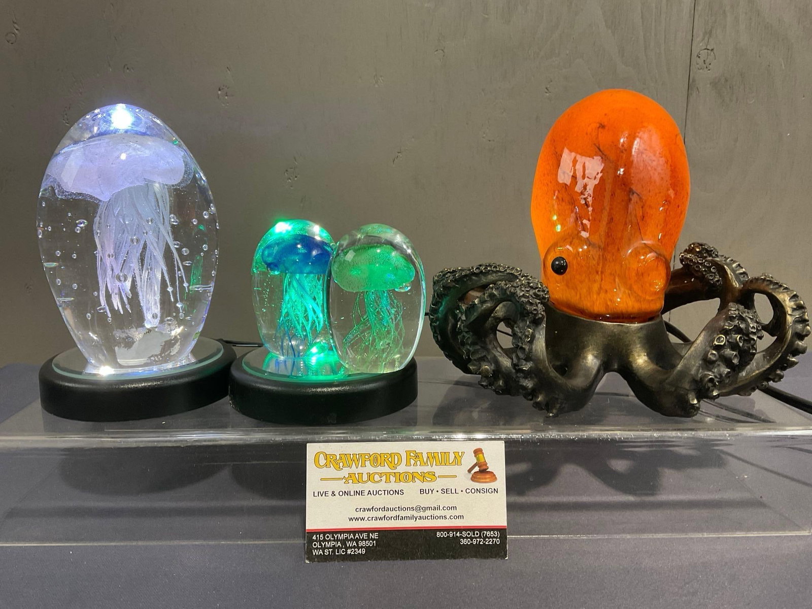Blown Glass Octopus Lamp, Translucent Jellyfish 3D art w/ LED Lamps: Appears to be in good shape. The pieces fit in a box that measures 6h x 11.5w x 9d inches. See pics. E-4140