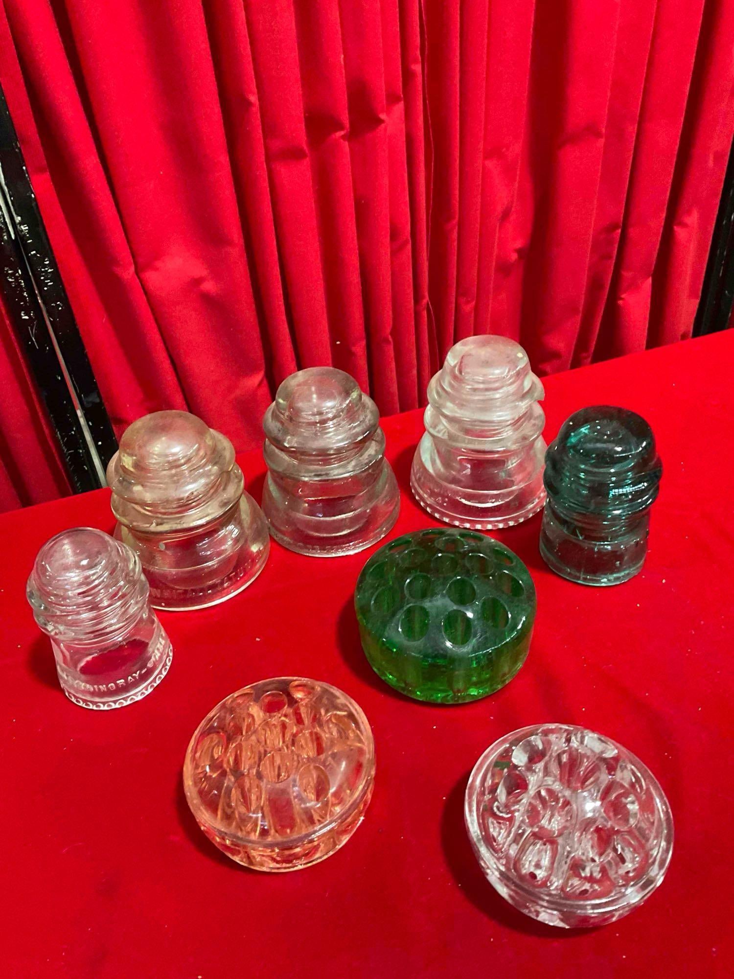 8 pcs Vintage Glass Assortment. 5x Insulators & 3x Flower Frogs. See pics. (1 of 6)