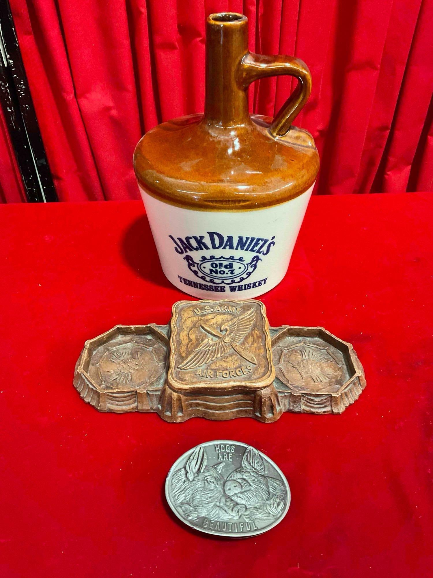 3 pcs Decor Assortment. Jack Daniel's Ceramic Jug, Pewter? Belt Buckle & More. See pics. (1 of 6)