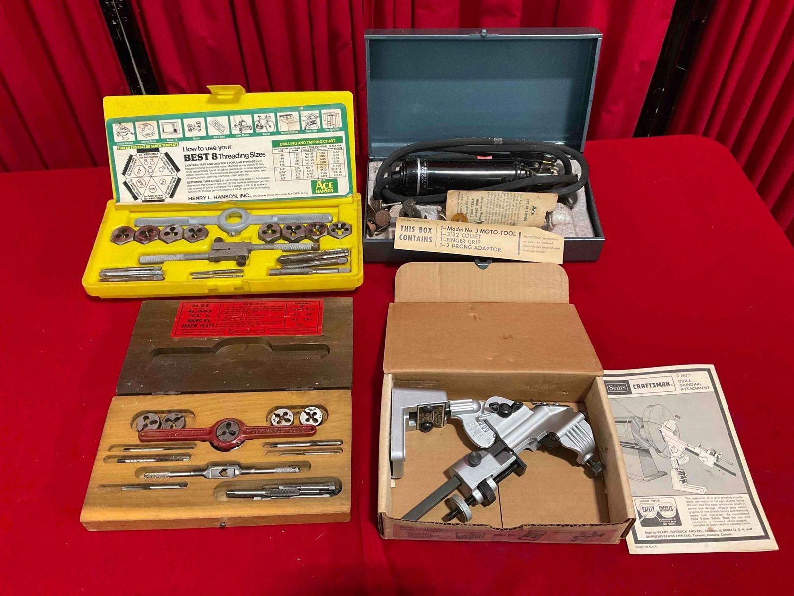 4 pcs Vintage Tool Assortment. Sears Craftsman Drill Bit Grinding Attachment & More. See pics.: 4 pcs Vintage Tool Assortment. Sears Craftsman Drill Bit Grinding Attachment no 6677 & More. Dremel hand drill model no. 3 (tested and working). 18 0+ Tap & Hex Die Set & More. Minor wear