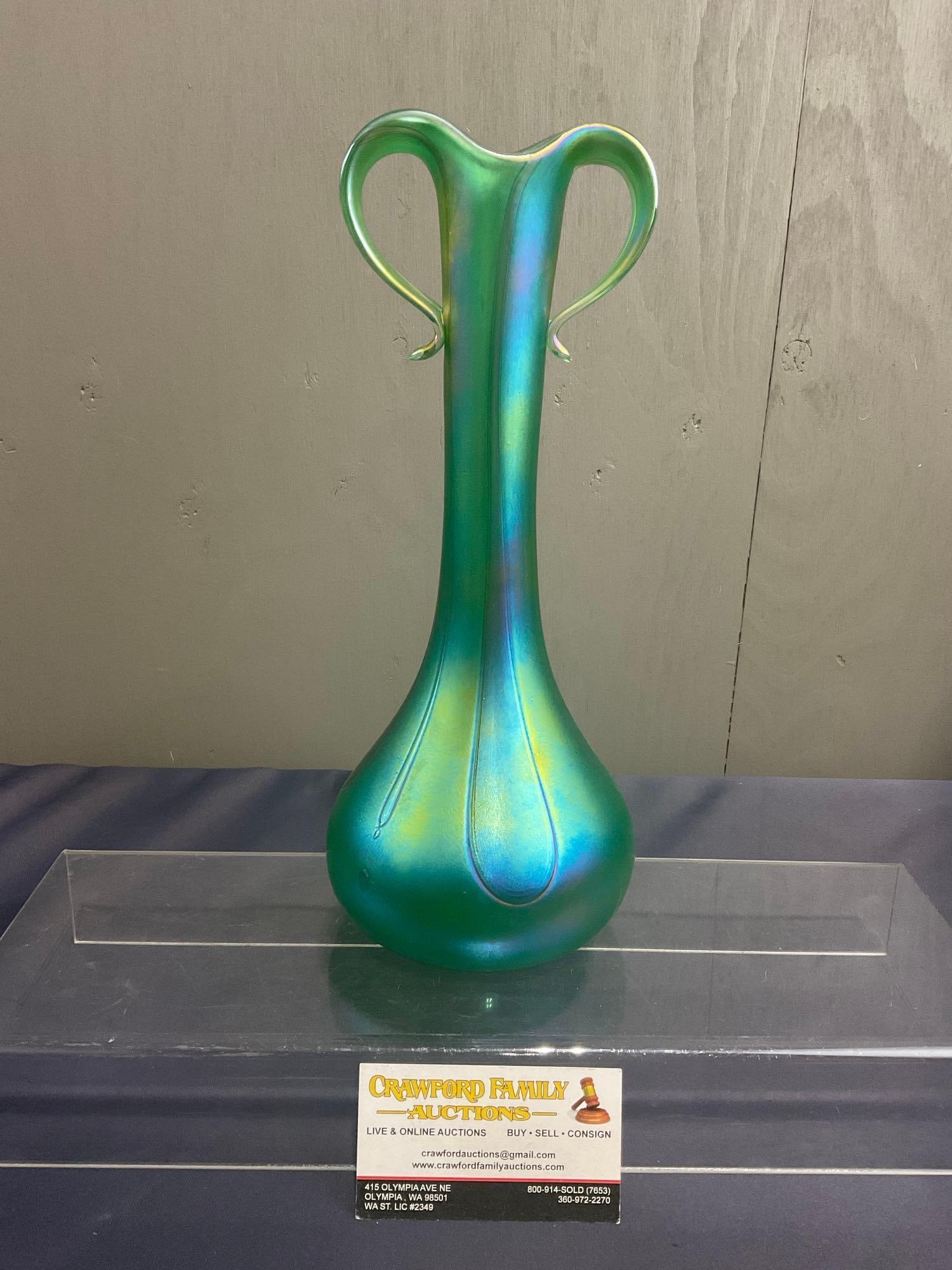 Muller Signed Art Glass Bud Vase, Iridescent Green, 2 Folded Handles, 12.5 inches tall (1 of 4)