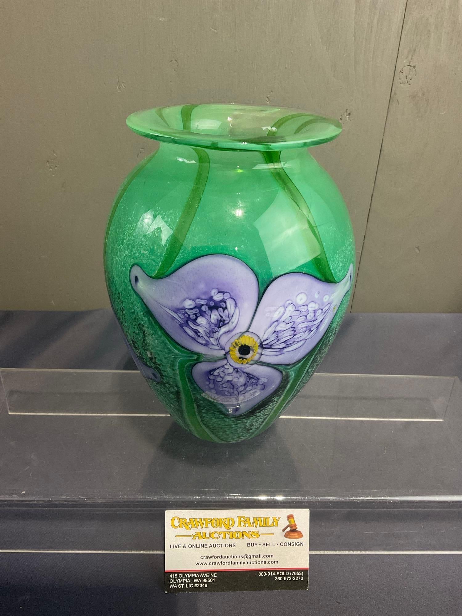 Signed Eickholt Art Glass Vase, Clear & Sparkle Green Glass w/ Purple Flowers, 9 inches tall (1 of 6)