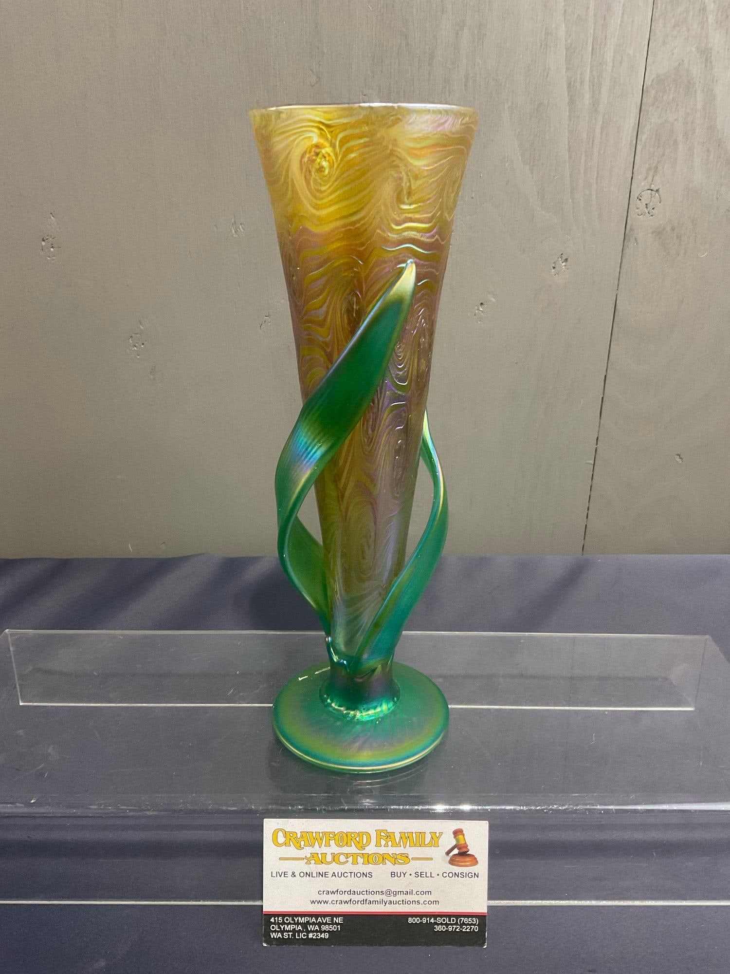 Signed Art Glass Vase, V-Shaped Yellow w/ Green Base & pair of Leaves, 10 inches tall: Signed on the bottom Muller. Appears to be in good shape. The piece measures 10.5h x 4w x 4d inches. See pics. E-4090