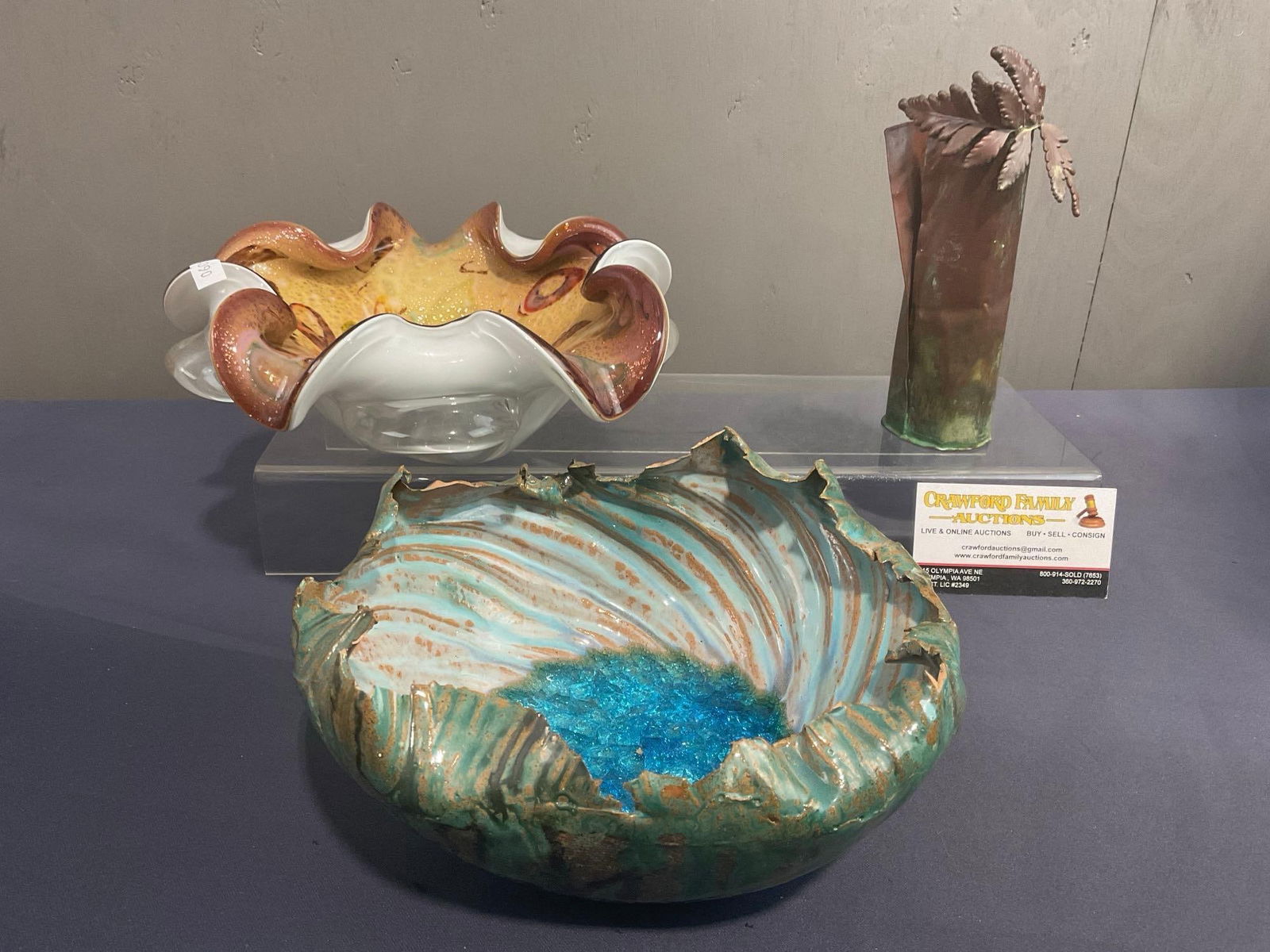 Murano Glass Bowl w/ Vibrant colors, Delicate Sea Treasure Pottery Bowl & Copper Vase w/ Fern Det...: Appears to be in good shape. The pieces fit in a box that measures approx 7.5h x 13w x 13d inches.See pics. E-4090