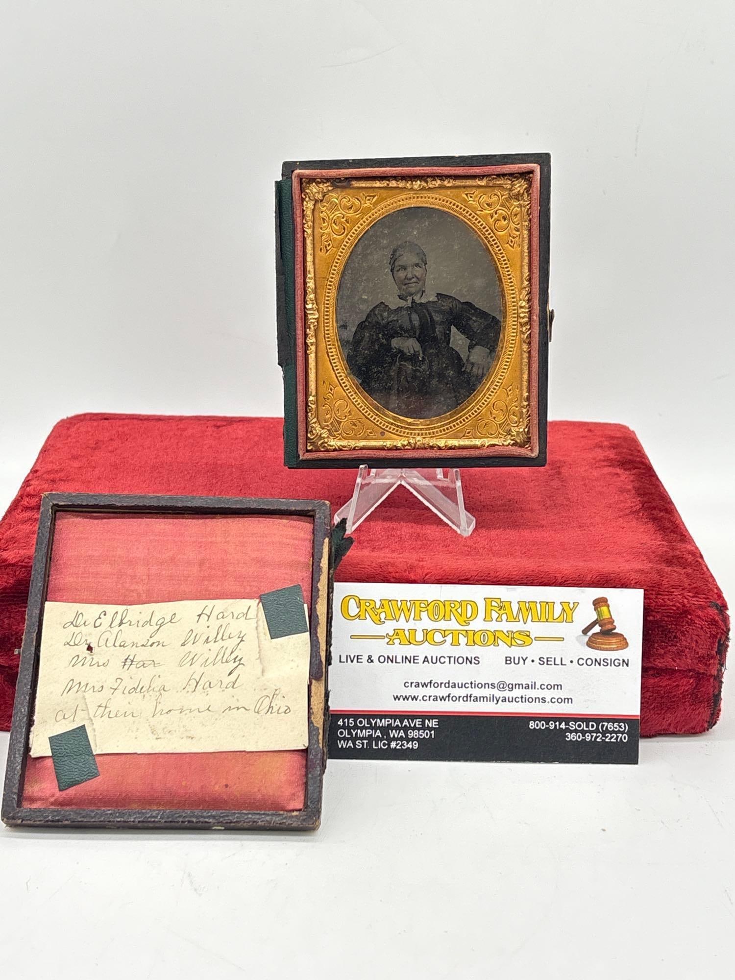 Antique Early 1800'S daguerreotype / tin Type photo of a distinguished older woman w/ a cane: C-414