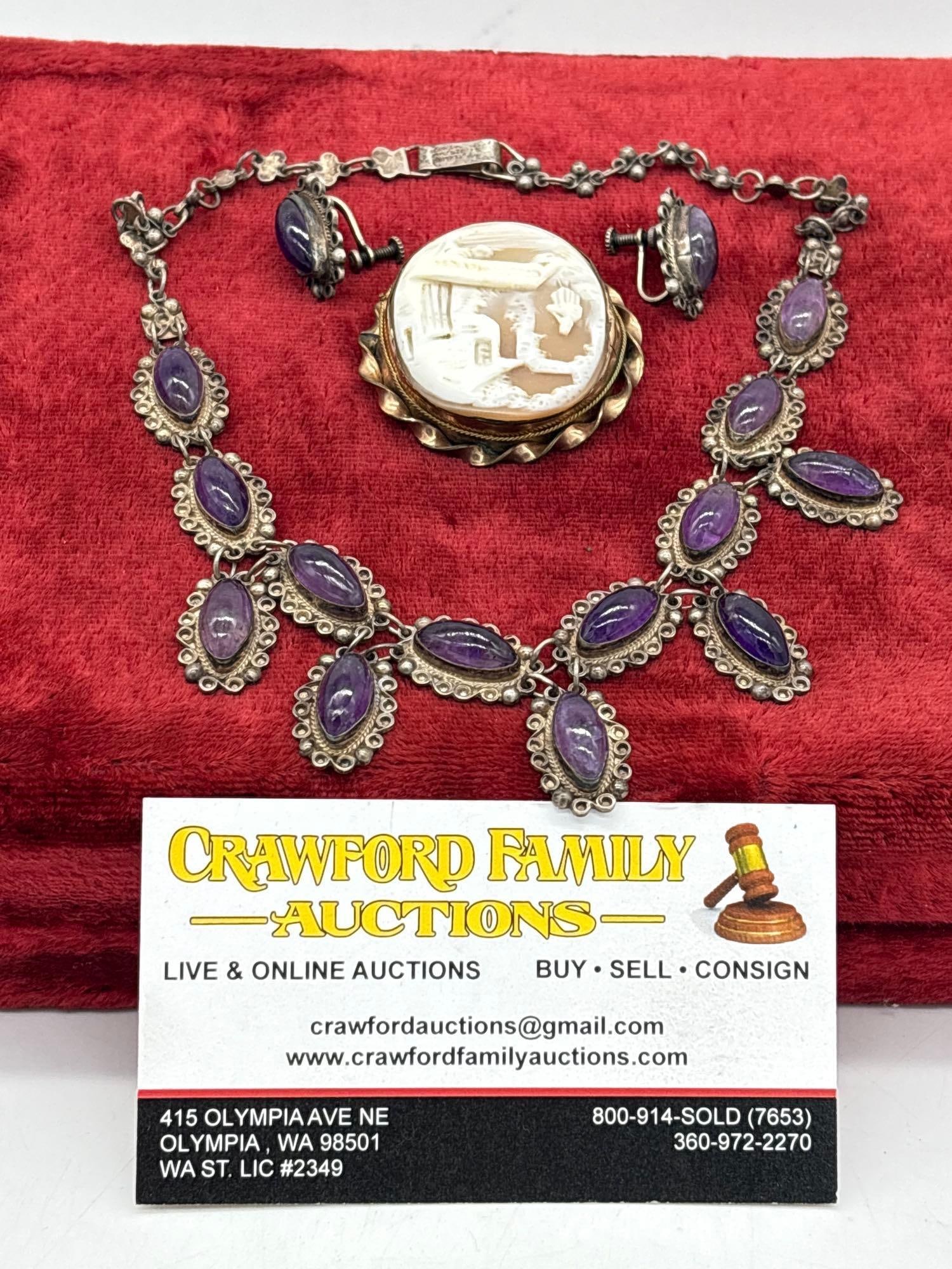 vintage sterling silver necklace W/matching screw on earrings featuring amethyst (1 of 4)