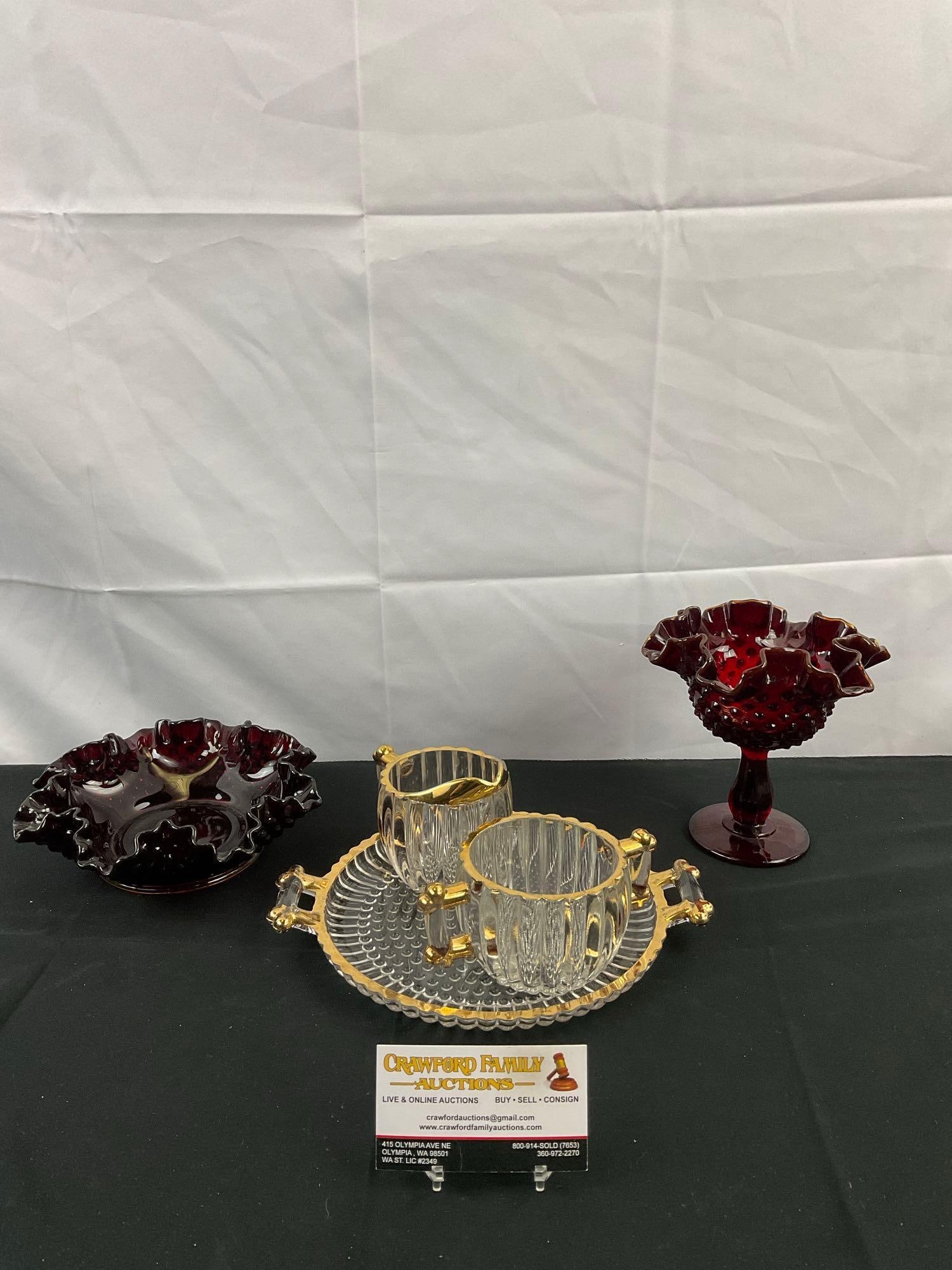 5 pcs Vintage Hobnail Glass Assortment. 1x Red Fenton Compote. 1x Tray w/ Creamer & Sugar. See pi... (1 of 8)