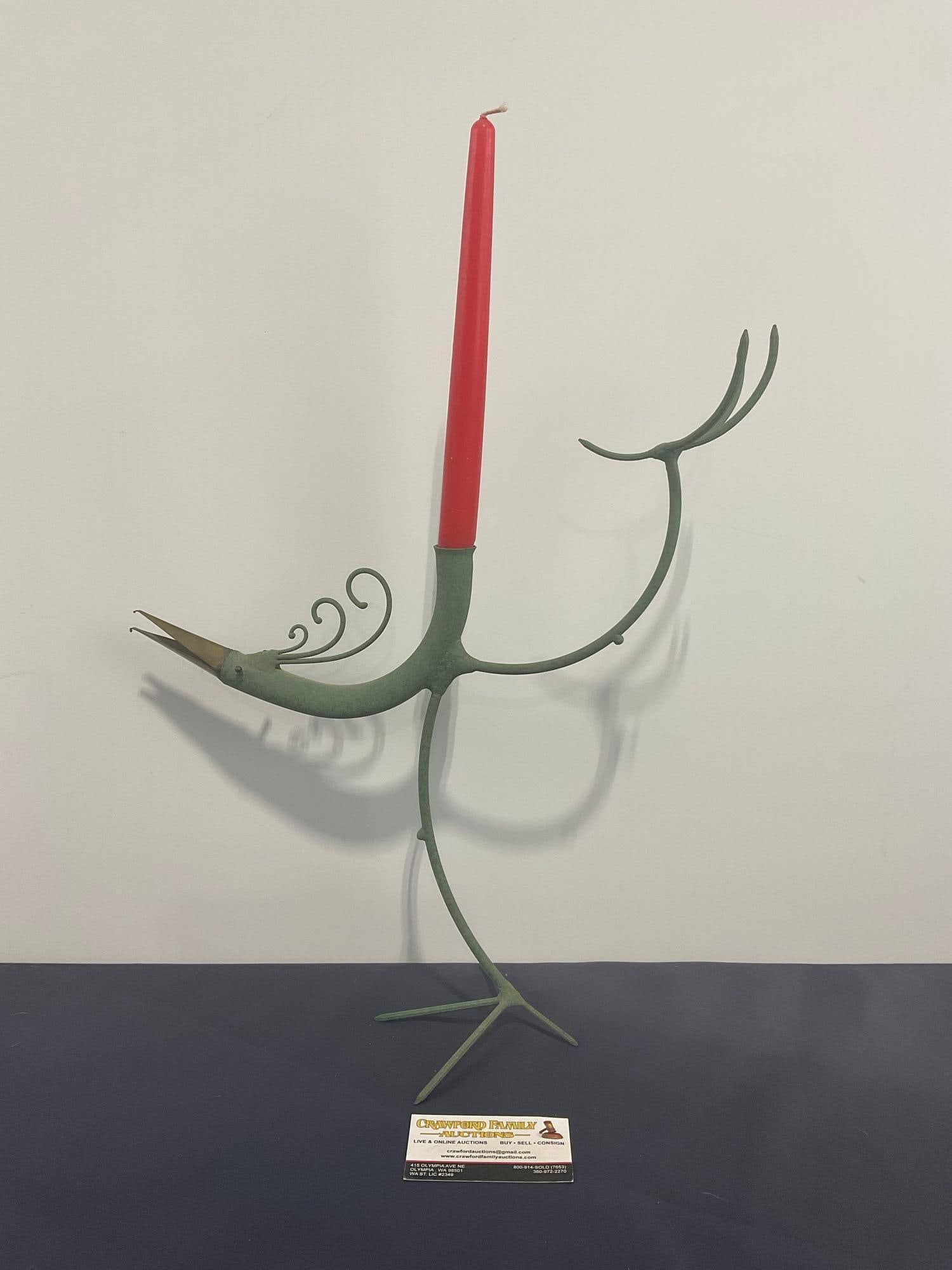 Verdigris Green Wrought Metal Candleholder, Unique Bird Shape, 22h x 14w x 4d inches: Appears to be in good shape. The piece measures approx 22h x 14w x 4d inches. See pics. E-4130