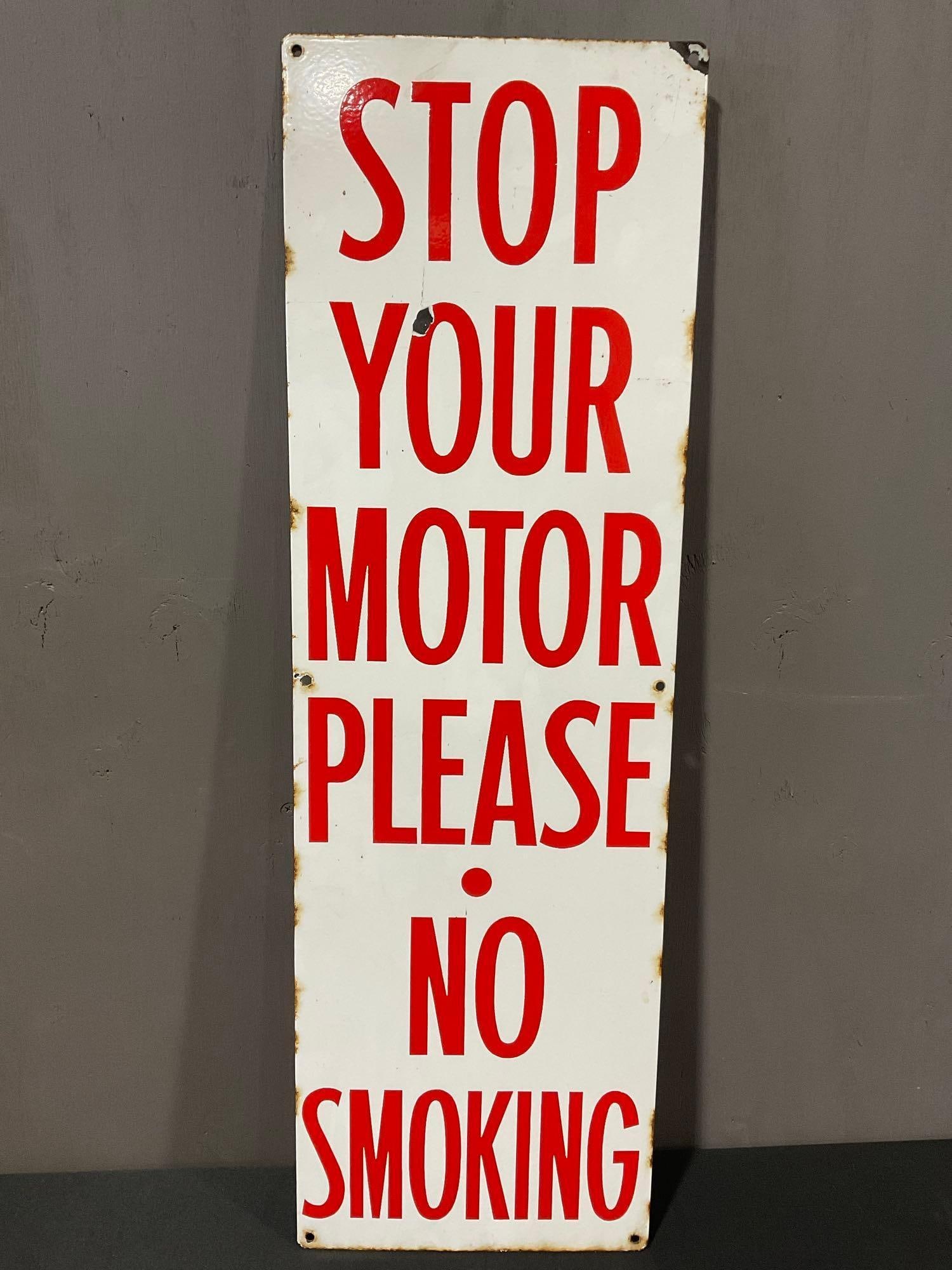 Antique Handlettered Gas Station Sign Enameled, Stop Your Motor Please No Smoking Sign: Appears to be in fair to good shape, some oxidation, and some missing finish, especially around the screw holes. The outside dimensions measure approx 32.5h x 10.5w x 1d inches. See pics. E-4140