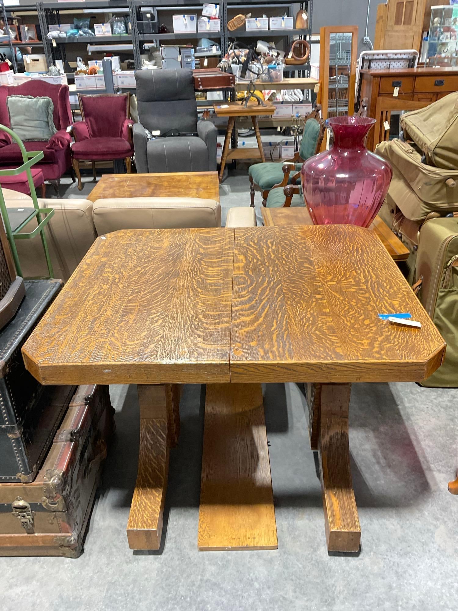 Gorgeous antique trestle base tiger oak American made dining table w/ one leaf (1 of 5)