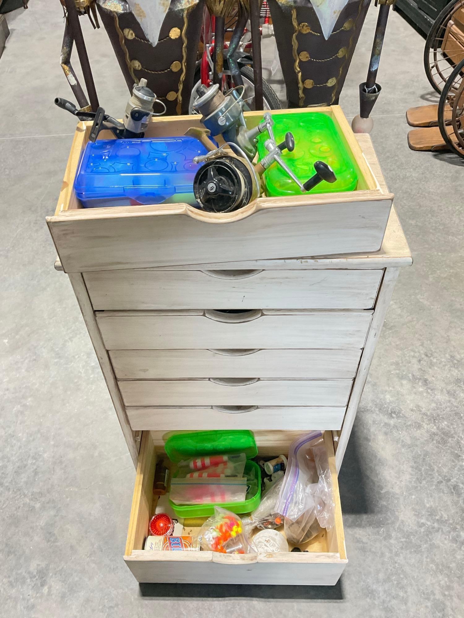 Cabinet and contents of 2 drawers incl. fishing equipment and 3 reels incl a penguin reel (1 of 5)