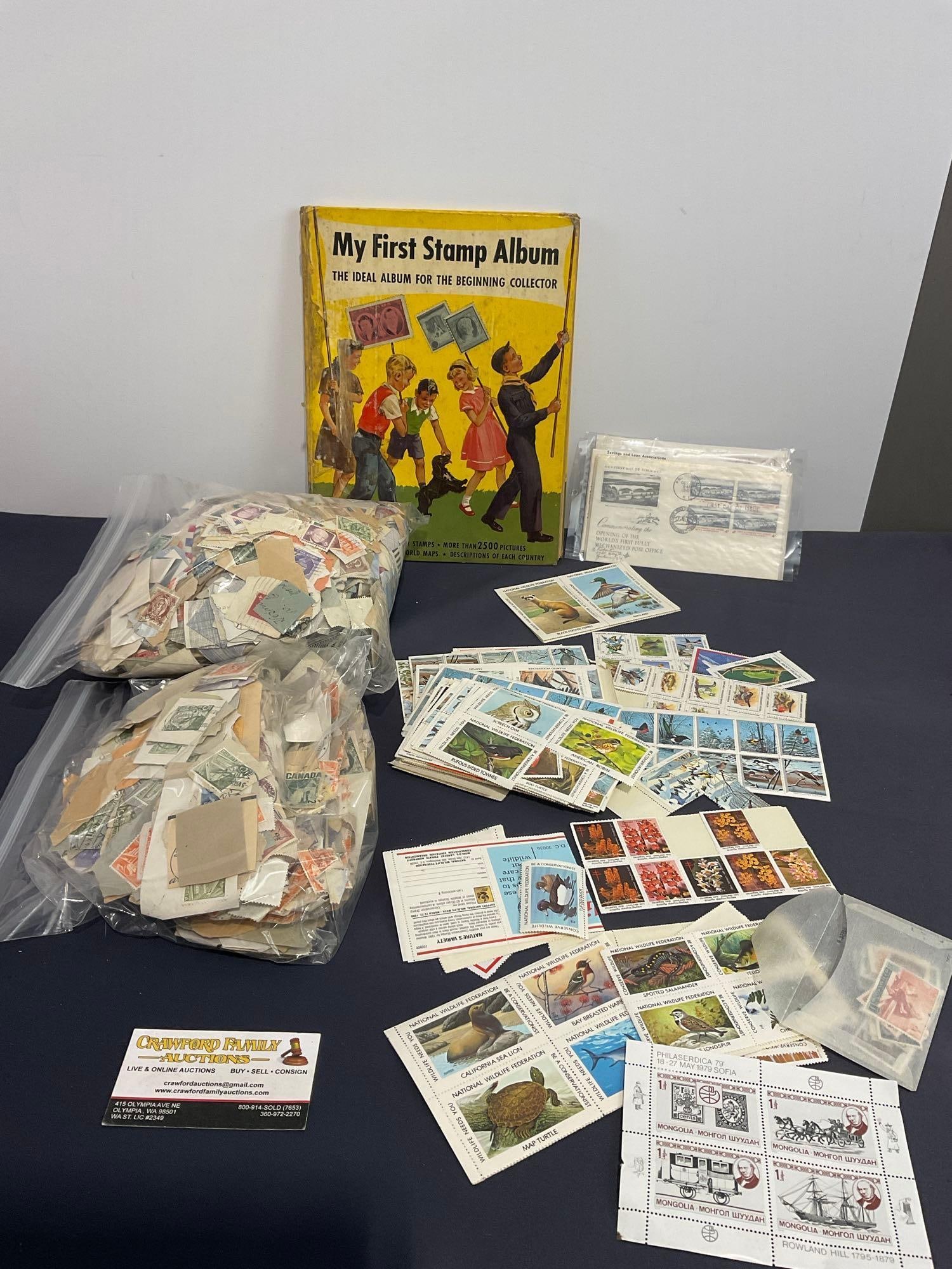 Assortment of Stamps, mostly envelope corners, some unused stamps, & Minkus My First Stamp Album (1 of 9)