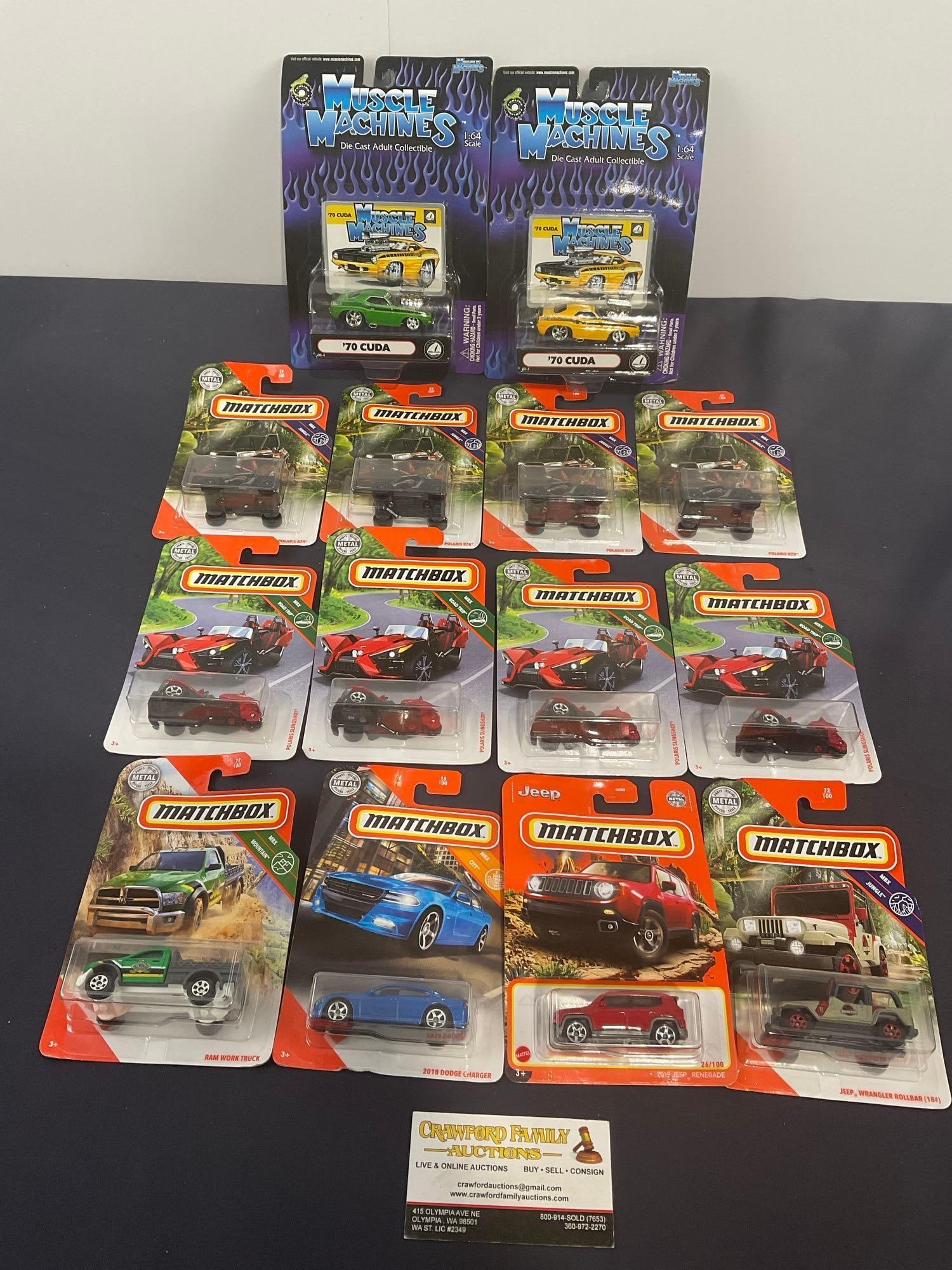 Set of 12 Matchbox Diecast Cars & pair of Muscle Machines, Variety of Cars + Polaris Slingshot & ...: Appears to be in fair to good shape. The packaging may have some shelf wear. The pieces fit in a box that measures approx 7h x 9w x 12d inches. See pics. E-4050