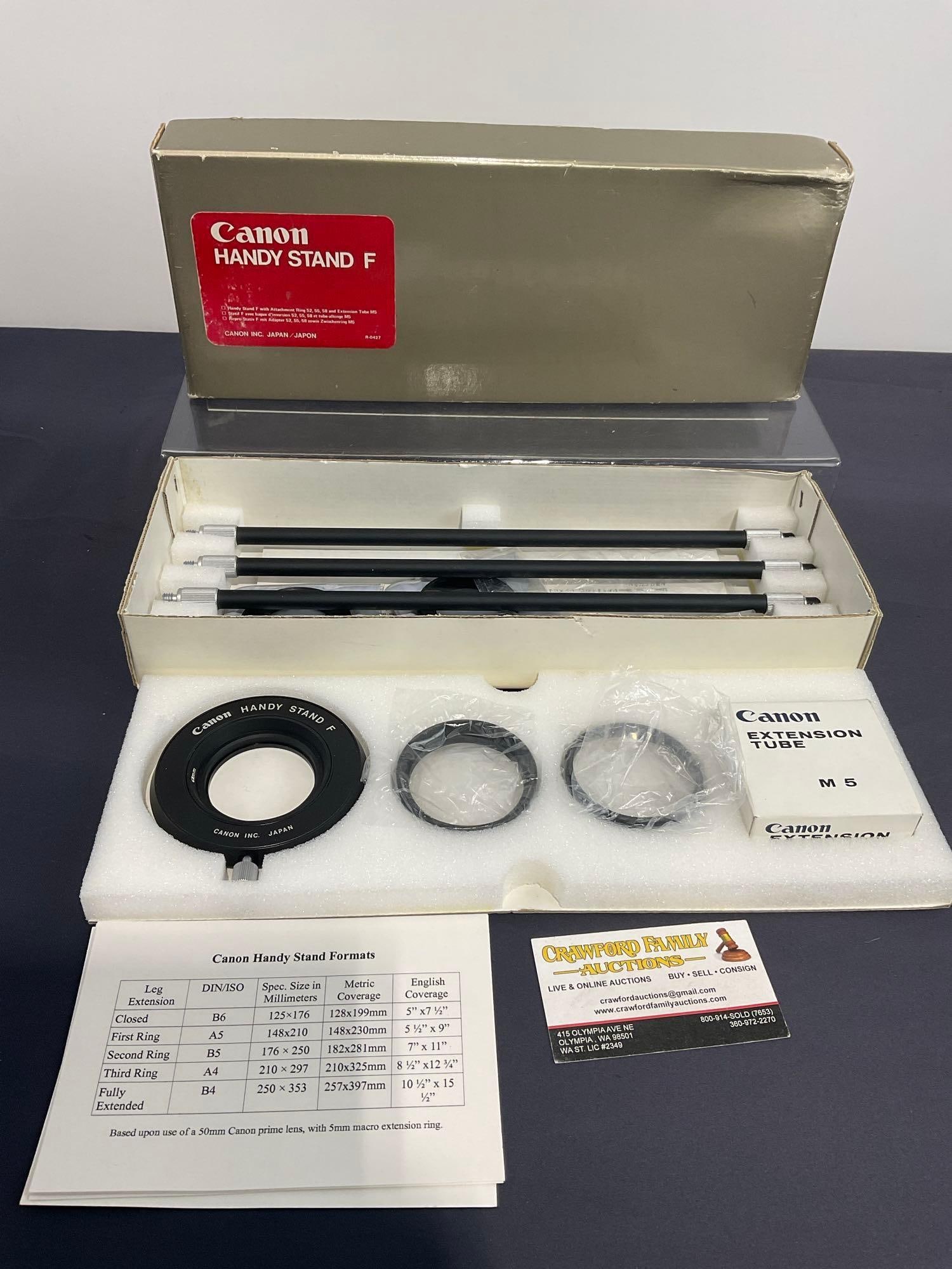 Vintage Canon Handy Stand F in original case, looks to be complete: Appears to be in good shape. The piece measures approx 3h x 15w x 6d inches. See pics. E-414