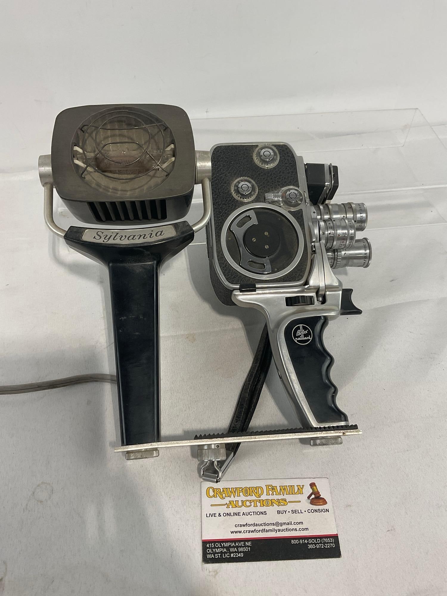 Vintage 1959 Bolex Paillard D8L 8mm Motion Film Camera, Sylvania Sun Gun Movie Light SG-1: Appears to be in good shape. The pieces fit in a box that measures approx 7h x 9w x 12d inches. See pics. E-4140