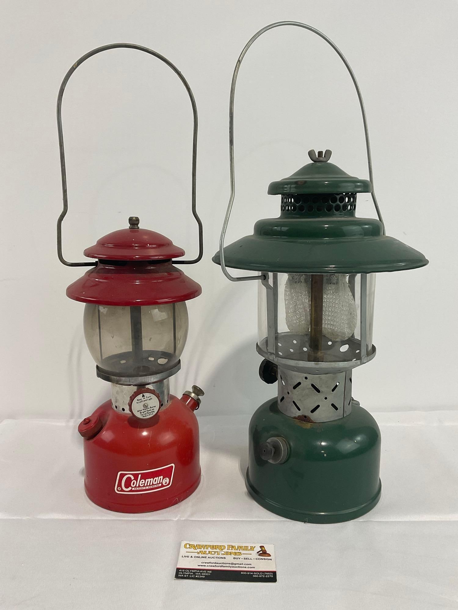 Pair of Vintage Coleman White Gas Lanterns, Green & Red (1 of 6)