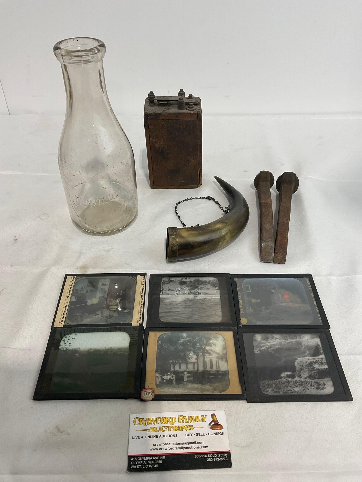 6 Antique Photos Glass, Milk Bottle, Powder Horn, Train Stakes & Antique Ford Model T Ignition Coil (1 of 6)