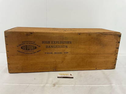 Vintage 1938 DuPont Explosives Crate, missing bottom, marked 50% Strength, 50 lbs: Appears to be in fair to good shape, some wear can be seen, missing bottom plank. The piece measures approx 10.5h x 27.5w x 10d inches. See pics. E-4140