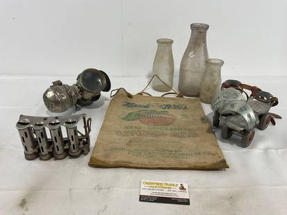 Coin Dispenser, Hirsch & Weis Water Bag, Milk Bottles, Roller Skates, The Badger Brass MFG Co Lamp: Appears to be in good shape. The pieces fit in a box that measures approx 7h x 9w x 12d inches. See pics. E-4140