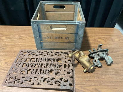 Antique Cast Iron Oven Rack, Vitamilk Wood & Steel Crate, 2 Brass Fixtures: Appears to be in good shape. The piece measures approx 11.5h x 14w x 14d inches. See pics. E-4140