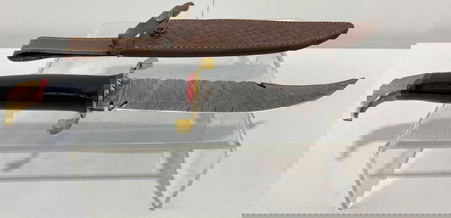 Handmade Damascus Steel 8" Hunting Knife w/ Leather Sheath & Resin/Brass Handle. See pics.: Made from several layers of 1095 &amp; 15N20 steel folded multiple times creating between 288-512 layers to form unique patterns in the blades. Each handle is custom fit as are the sheathes. Excellent