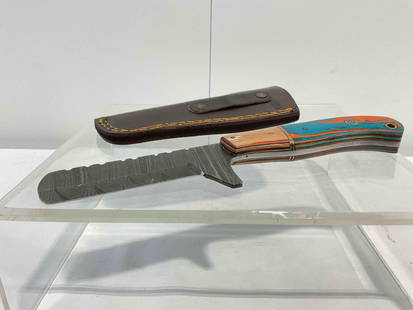 Handmade Damascus Steel 4" Cowboy Knife w/ Leather Sheath & 2-Tone Wood Handle.: Handmade Damascus Steel 4" Cowboy Knife w/ Leather Sheath &amp; 2-Tone Wood Handle. Made from several layers of 1095 &amp; 15N20 steel folded multiple times creating between 288-512 layers to form uni