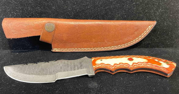 Handmade Damascus Steel 5" Hunting Knife w/ Leather Sheath & Wood Handle. See pics.: Made from several layers of 1095 &amp; 15N20 steel folded multiple times creating between 288-512 layers to form unique patterns in the blades. Each handle is custom fit as are the sheathes. Excellent
