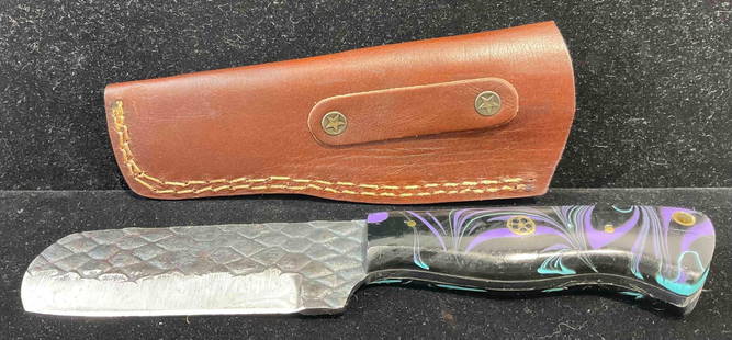 Handmade Hatched Steel 4" Cowboy Knife w/ Leather Sheath & Black Resin Handle. See pics.: Each handle &amp; sheath is custom fit. Very Good Condition. Blade length is 4" total length is 9" Measures 9" x 2" x 1" DM-3440