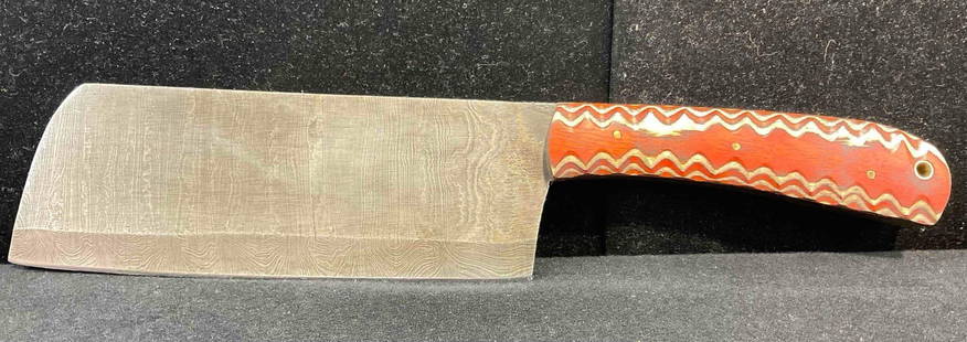 Handmade Damascus Steel 7" Cleaver Knife w/ Two-Toned Wood Handle. See pics.: Made from several layers of 1095 &amp; 15N20 steel folded multiple times creating between 288-512 layers to form unique patterns in the blades. Excellent Condition. Each handle is custom fit. Blade le