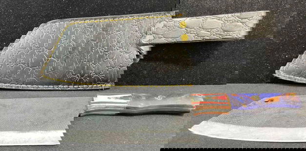 Handmade Hatched Steel 7" Cleaver Knife w/ Tinted Wood & Resin Handle. See pics.: Each handle &amp; sheath is custom fit. very Good Condition. Blade length is 7" total length is 12" Measures 12" x 3" x 1" DM-3440