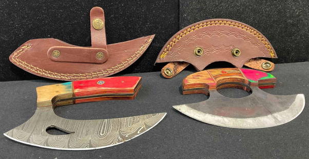 2 pcs Handmade Steel 6" Curved Cooking Knives w/ Leather Sheathes. See pics.: Mezzaluna knife is hatched steel, curved knife is Damascus steel. Damascus steel is Made from several layers of 1095 &amp; 15N20 steel folded multiple times creating between 288-512 layers to form uni