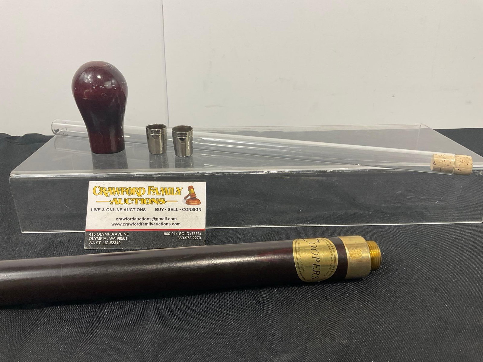 Vintage Coopers Flask Cane, two small metal shot glasses & glass cylinder inside, 37 inches long: Appears to be in fair to good shape, some dings especially in the screw off handle. The piece seems to have not been used for liquid storage. The piece measures approx 37h x 2w x 2d inches. See pics.