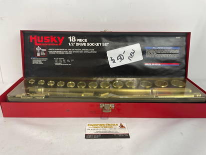 Husky Professional 18 Piece 1/2 in Drive Socket Set, Red metal box w/ 2 ratchets: Previously sold for 50 dollars, seems like it has not been used, all contents included. Appears to be in good shape, still has plastic cover. The set measures approx 3h x 20w x 5.5d inches. E-4260