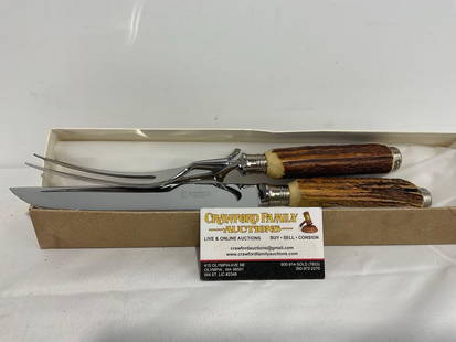 Anton Wingen Jr Othello Carving Knife & Fork Set, Solingen-Germany Rostfrei, Stag Antler Handles: Appears to be in good shape, the steel looks to be lightly used. They come in a box, that measures approx 2h x 14w x 3.5d inches. See pics. E-4230
