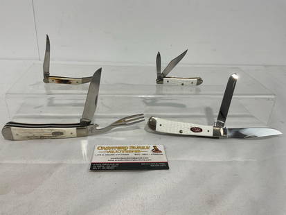 Se of 4 Case XX Knives, White Composite & Antler Handle Scales, V5254, 6220, 6254, 510096: Appears to be in good shape. The pieces all together measures approx 2h x 5w x 2.5d inches. See pics. E-4230