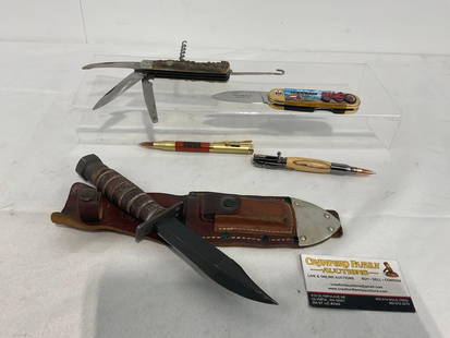 Farmall Tractor Knife, NRA Pens, PUMA Jagd Taschenmesser & Fixed Blade Survival Knife Camillus (?): Appears to be in good shape. The pieces measure approx 2.5h x 12w x 3d inches all together. See pics. E-4230