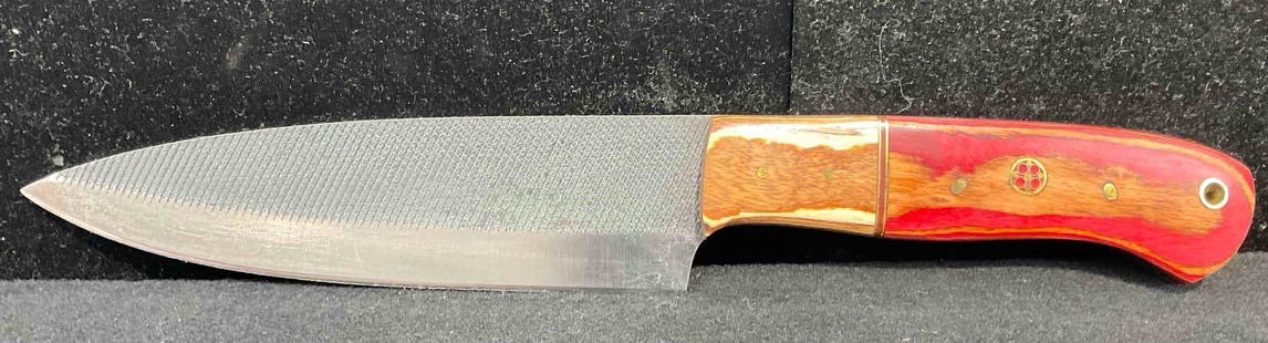 Handmade Hatched Steel 6" Filet Knife w/ Two-Toned Wood Handle. See pics.: Each handle is custom fit. very Good Condition. Blade length is 6" total length is 11" Measures 11" x 2" x 1" DM-3440